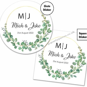 Personalised Wedding Stickers Watercolor Eucalyptus, Wedding Favour, Customisable Envelope Seal, Save The Date Circle Birthday Labels - A042