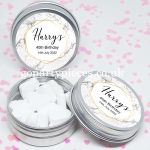 Personalized Birthday 21st/40th/60th Party Favors Tins Gift Bag Fillers, Marble Effect Background, Vegan Favors, CB02