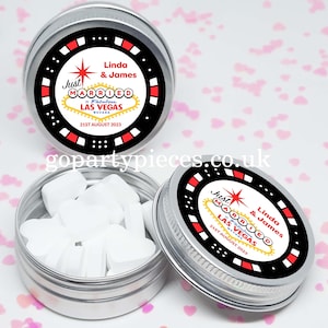Personalized Just Married In Las Vegas Wedding Favors Silver Tins Gift Bag Fillers, Destination Wedding Favors, Vegan Favors, CW83