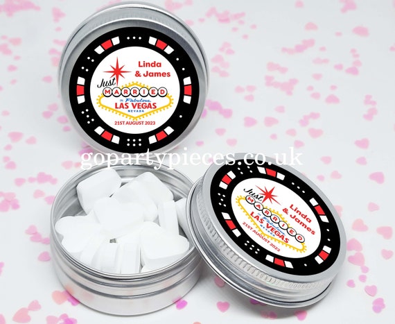 Personalised Just Married In Las Vegas Wedding Favours Silver Tins Gift Bag Fillers, Destination Wedding Favours, Vegan Favours, CW83