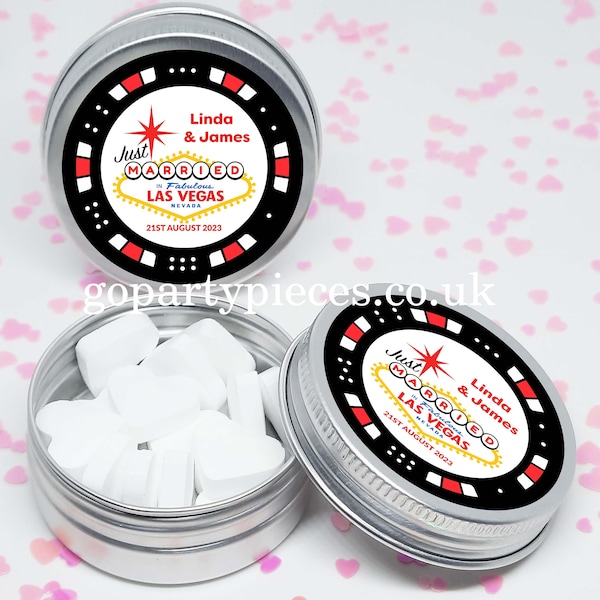 Personalised Just Married In Las Vegas Wedding Favours Silver Tins Gift Bag Fillers, Destination Wedding Favours, Vegan Favours, CW83