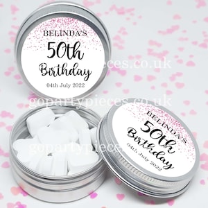 Personalised Birthday 40th/50th Party Favours Tins Gift Bag Fillers, Pink Gold Confetti, Womens Birthday Party Mint & Chocolate Favors, CB69