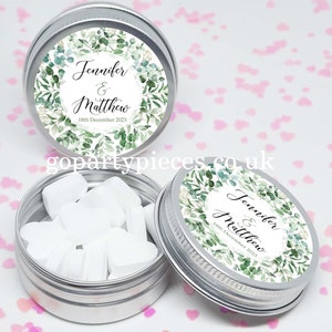 Personalized Wedding Favors Silver Tins Gift Bag Fillers, Watercolor Greenery Eucalyptus, Vegan Favors, CW63