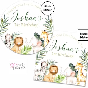 Personalized Safari 1st Birthday Party Favor Tag Stickers, Sweet Cone Bag Seals, Safari Animal & Jungle Theme Birthday Party Stickers