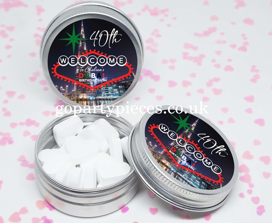 Personalized Dubai Birthday Bash, Dubai Bachelorette, Silver Tins Gift