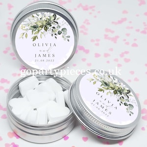 Personalized Wedding Favors Silver Tins Gift Bag Fillers, Dusty Blue Eucalyptus Greenery Succulent, Wedding Favor, Vegan Favors, CW74