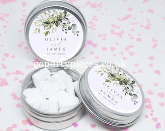Gepersonaliseerde huwelijksbedankjes, zilveren blikjes, cadeauzakjes, stoffige blauwe eucalyptus, succulent, huwelijksbedankje, veganistische bedankjes, CW74