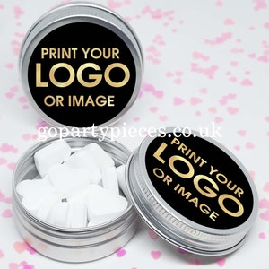 Personalized Company Merchandise Tins, Corporate Custom Promotional Business Sweet Tins, Silver Tins Marketing Giveaway, Vegan Favors, CA02