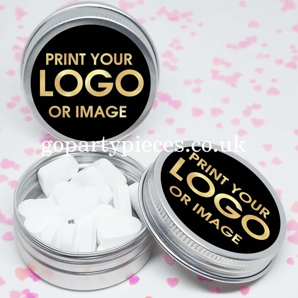 Personalised Company Merchandise Tins, Corporate Custom Promotional Business Sweet Tins, Silver Tins Marketing Giveaway, Vegan Favours, CA02