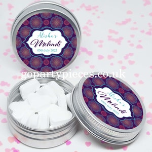 Personalized Mehndi Wedding Favors Tins Keepsakes Gifts | Indian Seamless Pattern, Bohemian Floral Mandala Design | Vegan Favors, CW76