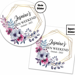 Personalized Hen Party Stickers, Wedding Stickers, Hen Weekend Stickers, Watercolor Violet Gold Frame, B002