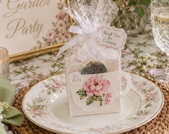Garden Party Favors for Guests, Pink Peony Tea Cup Box, Floral Favor, Spring Summer Party Gift Bag Tag, Ladies Gathering in the Park, lunch