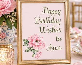 Personalized Birthday Sign for Women, Pink Peony Decor, Floral Tea Party Decorations, Ladies Luncheon Garden Welcome Signage
