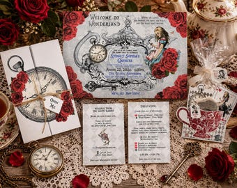 Alice in Wonderland Quinceañera Red Rose Mad Hatter Tea Party Kit Ensemble
