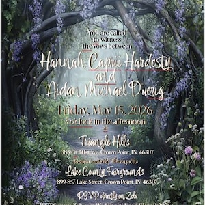 May include: Wedding invitation with a natural, romantic theme. The invitation features the names Hannah Caprii Hardesty and Aidan Michael Duerig, with event details including the date, time, and location at Triangle Hills and Lake County Fairgrounds.