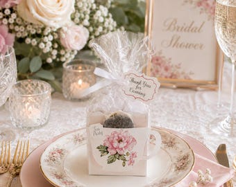 Pink Peony Bridal Shower Tea Party Favor for Guests, Floral Teacup Gift Box, Bride to Be gift bag tag, Jack and Jill, guys & gals, keepsake