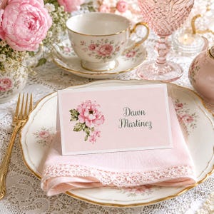 Personalized Pink Peony Place Cards | Bridal Shower, Wedding Reception, Tea Party, Baby Sprinkle Seating Assignment Table Sign Decorations