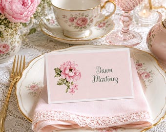 Personalized Pink Peony Place Cards | Bridal Shower, Wedding Reception, Tea Party, Baby Sprinkle Seating Assignment Table Sign Decorations