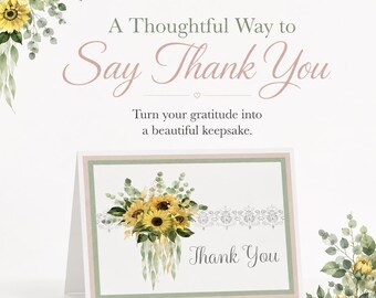 Sunflower Eucalyptus Thank You Cards, Bridal Shower Gratitude Notes, Rustic Floral Wedding, Tea Party Folded Stationery