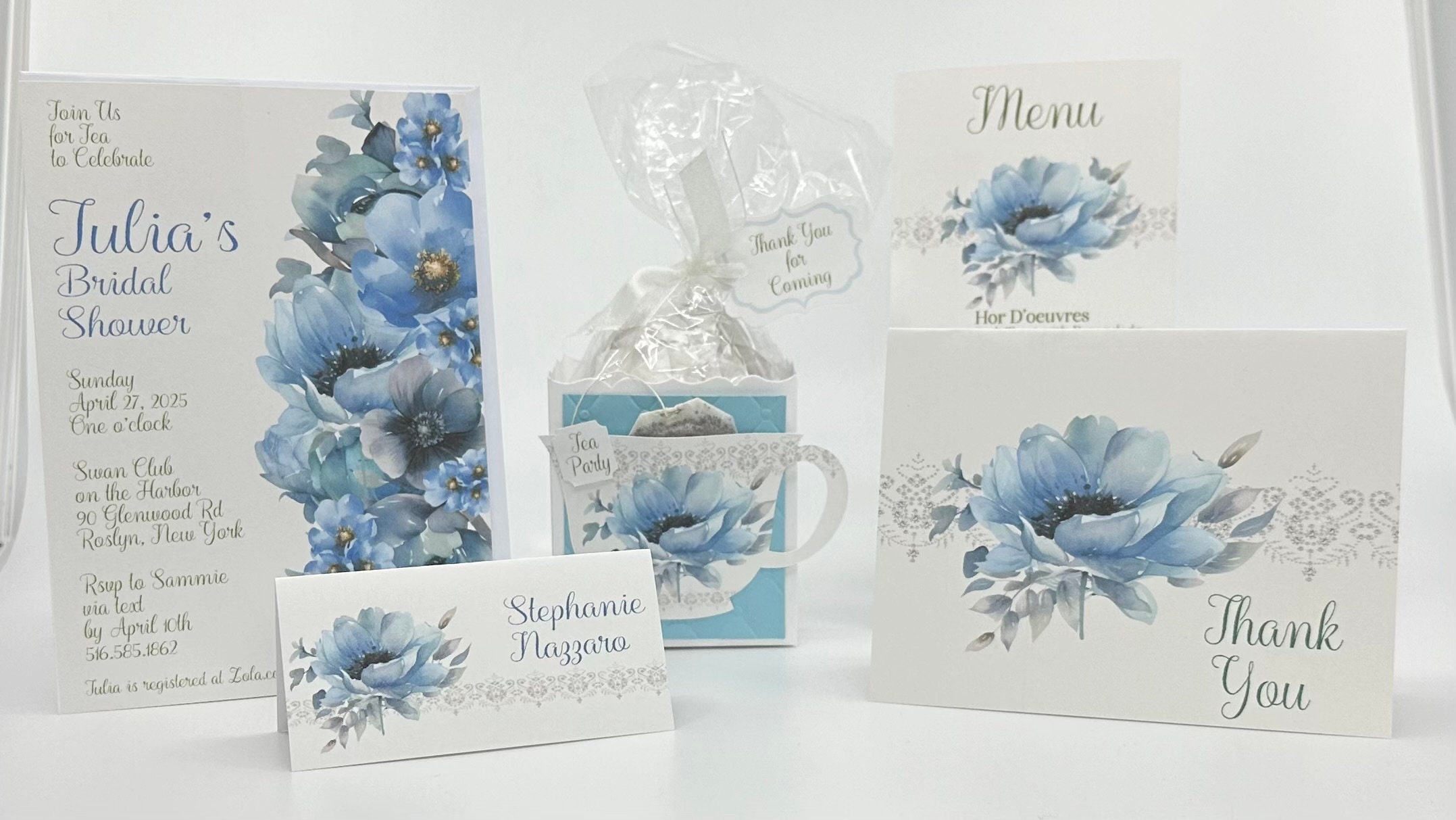 Blue Poppy Anemone Bouquet Tea Party Ensemble by The Paper Fascinator for Bridal Baby Showers Birthdays Wedding