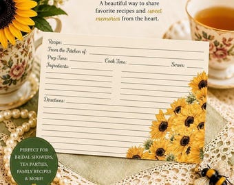 Sunflower Bridal Shower Recipe Cards, Rustic Floral Tea Party