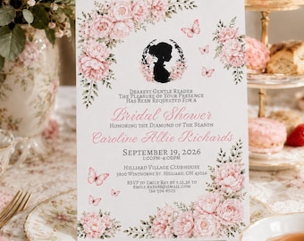 Regency Era Bridal Shower Invitation, Pink Peony Victorian Wedding Party Invite, Elegant Garden Tea Party Celebration, Period Inspired
