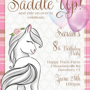Saddle Up White Pony Horse Birthday Party Invitation