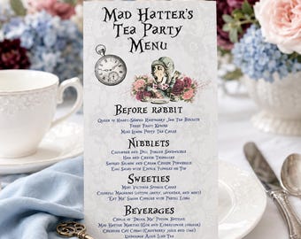 Mad Hatter Alice in Wonderland Tea Party Menu: Bridal Shower, Wedding