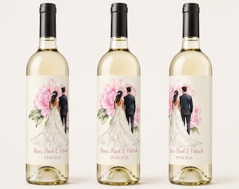 Personalized Wedding Wine Bottle Labels, Custom Bride & Groom Pink Peony Favor Labels, Bridal Shower Flower Sticker, Reception Table Decor