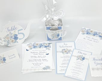 Beau-Tea-Ful Sky Blue Bouquets Tea Party Ensemble Invitation Favor Box Menu Place Card Bridal Baby Shower 80th Birthday Wedding Event plan