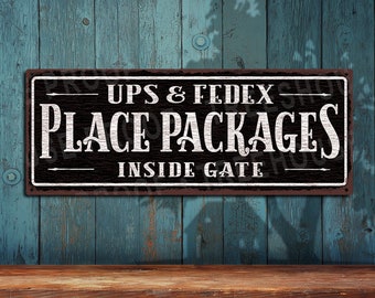 Paketschild 'Please Place Packages In A Box' – Aluminium 0,4 Mm, 25,4 X 17,8 Cm, Für UPS, FedEx, DHL, Wetterfest