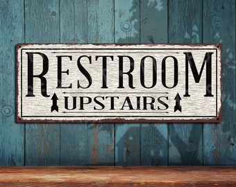 Restroom Upstairs Metal Sign • Distressed White Rustic Looking Aluminum Sign - Color Imprint On Rustproof Aluminum - Made in USA - THC2372-A