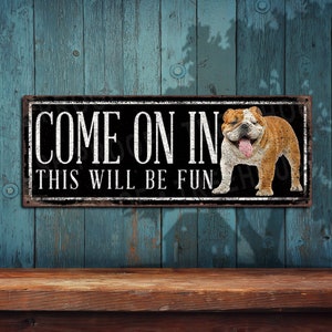Bulldog - Beware of Dog Metal Sign - Customizable Rustic Looking Dog Lover Decor - THC2451-A