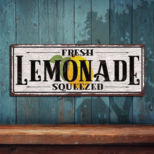 Fresh Squeezed Lemonade Metal Sign - White Rustic Looking Aluminum Sign • Customizable • Color Imprint on Rustproof Aluminum THC2631-A