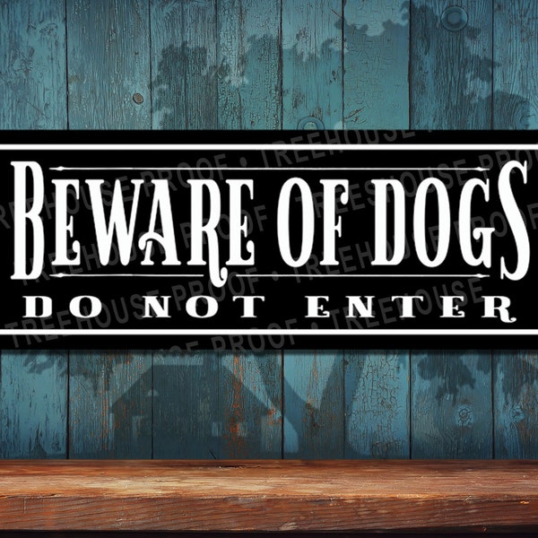 Beware of Dogs Do Not Enter Black Metal Sign • Customizable • Full Color Print On Rustproof Aluminum • Made in USA • THC2777-A