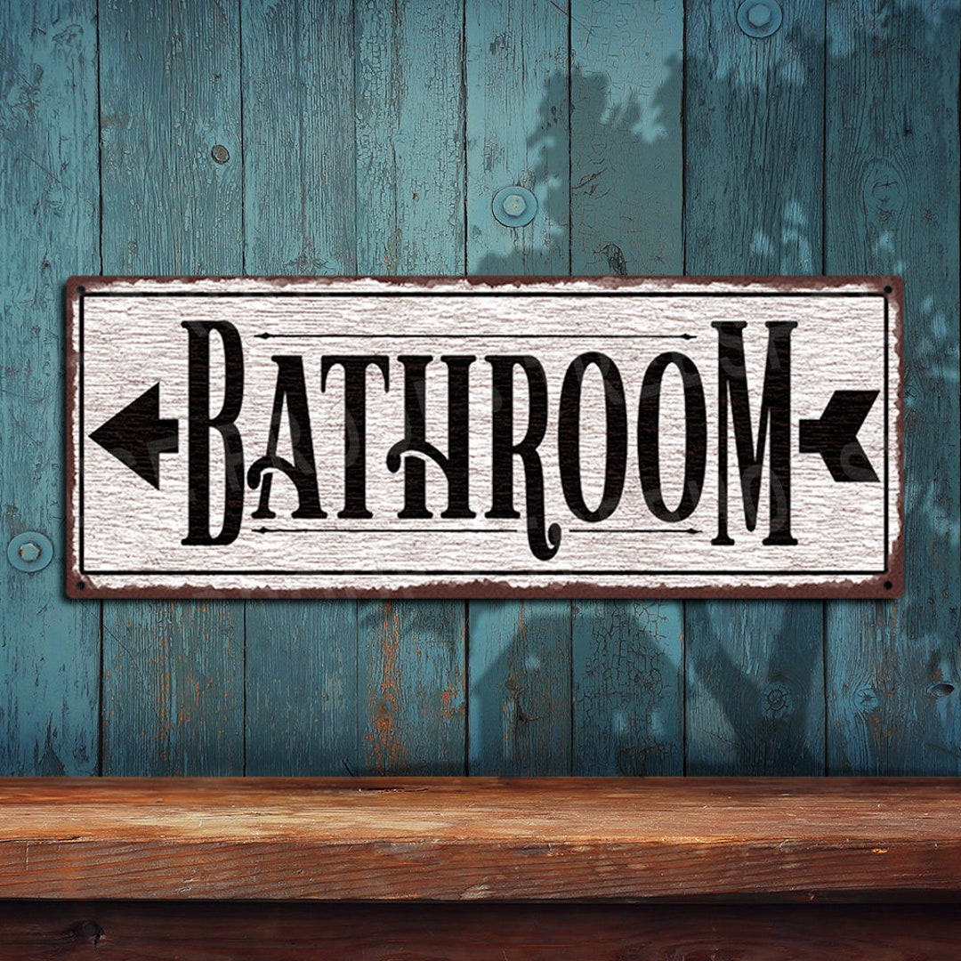 Bathroom Sign With Arrow Pointing Left • White Rustic Looking Aluminum ...