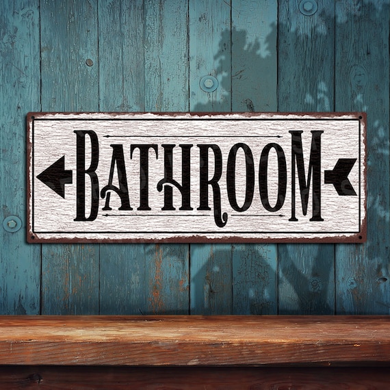 Bathroom Sign With Arrow Pointing Left Distressed White | Etsy