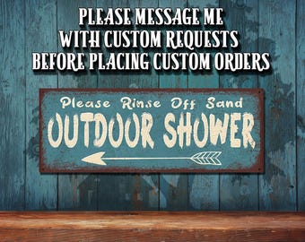 Outdoor Shower Rinse Off Sand Left Arrow Metal Sign: Customizable Rustic Looking • Color Imprint THC20105-A