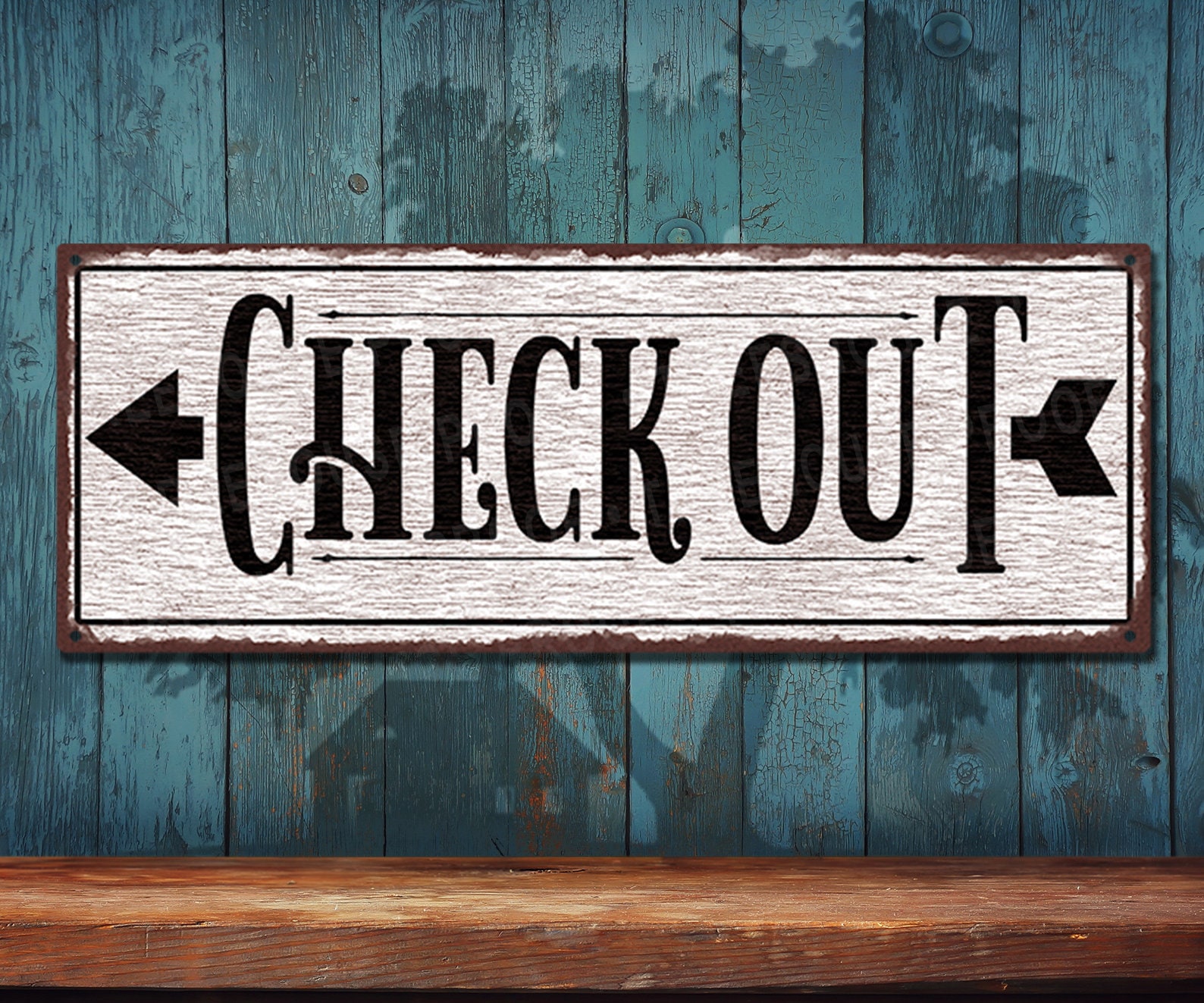 Checkout Metal Sign: With Arrow Pointing Left Distressed White • Rustic ...
