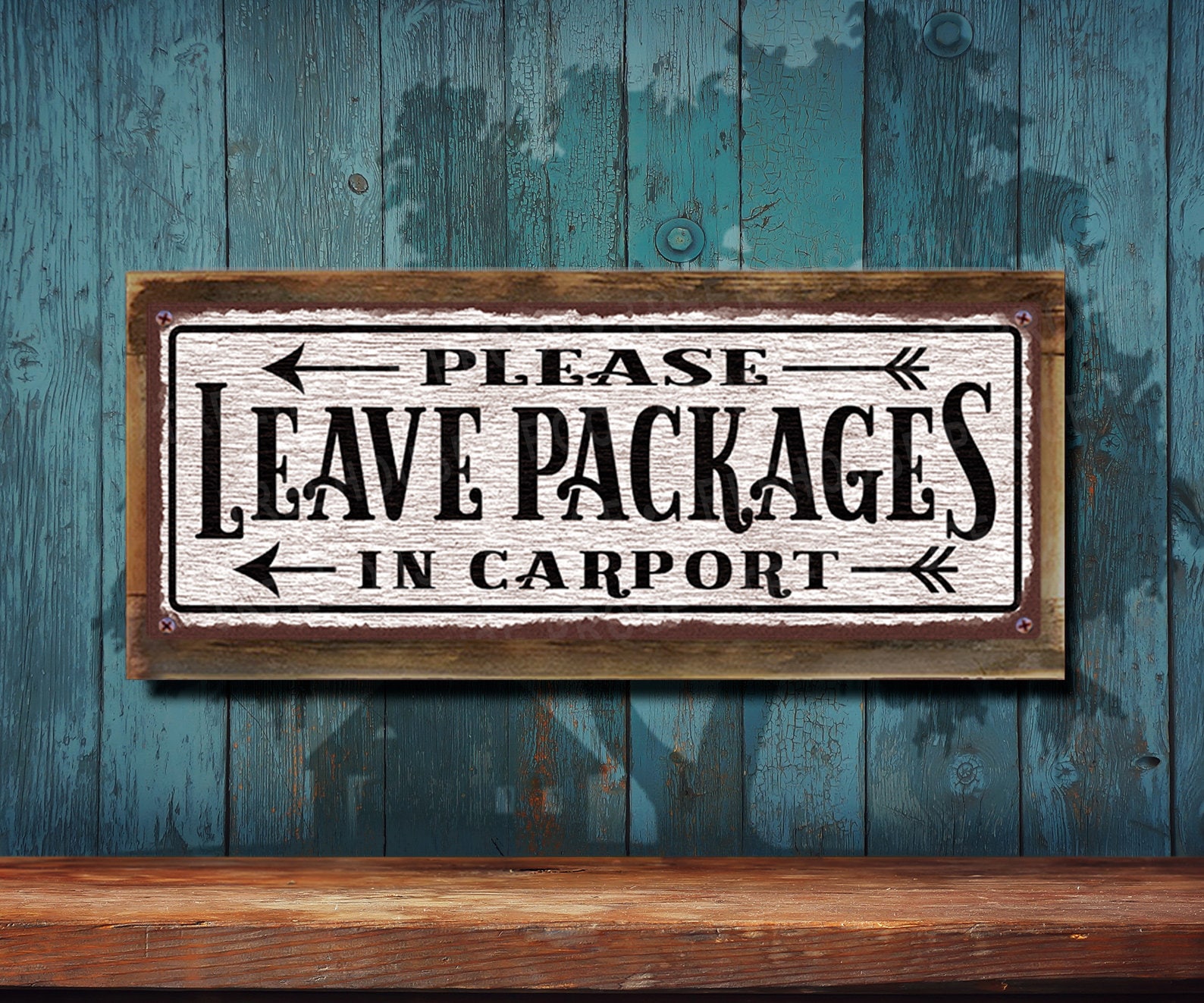 Leave Packages in Carport Metal Sign: Arrows Pointed Left • White ...