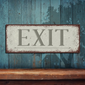 Exit Sign • Distressed White Rustic Looking Metal Sign • Customizable • Color Print On Rustproof Aluminum • Made In USA • THC2383-A