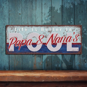 Life Is Better In Papa & Nana&#39;s Pool - Rustic Looking Metal Sign • Customizable • Color Print On Rustproof Aluminum Made In USA - THC2519-A