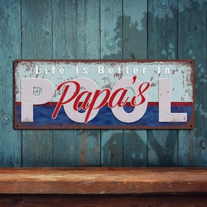 May include: A blue and red metal sign with the text "Life is Better in Papa's Pool" in white lettering. The word "Papa's" is in red.