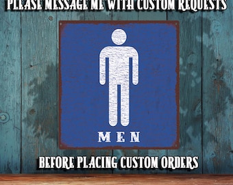 Mens Restroom Sign With Male Icon - Blue Rustic Looking Metal  - Customizable Color Print On Rustproof Aluminum Made In USA - THC3011-A