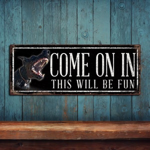 Come on In Doberman Pinscher Beware of Dog Sign Rustic Looking Metal Sign - Custom Color Imprint on Rustproof Aluminum - USA Made THC2323-A