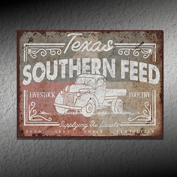 Texas Southern Feed • Rustic Looking Metal Sign • Customizable Color Imprint on Rustproof Aluminum • Made In the USA - THC1070-A