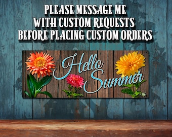 Hello Summer Metal Sign • Rustic Faux Wood Look • Customizable Floral Porch Decor • THC20080-A