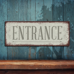 Entrance Sign • Distressed White Rustic Looking • Customizable • Color Imprint On Rustproof Aluminum • Made In USA  THC2381-A