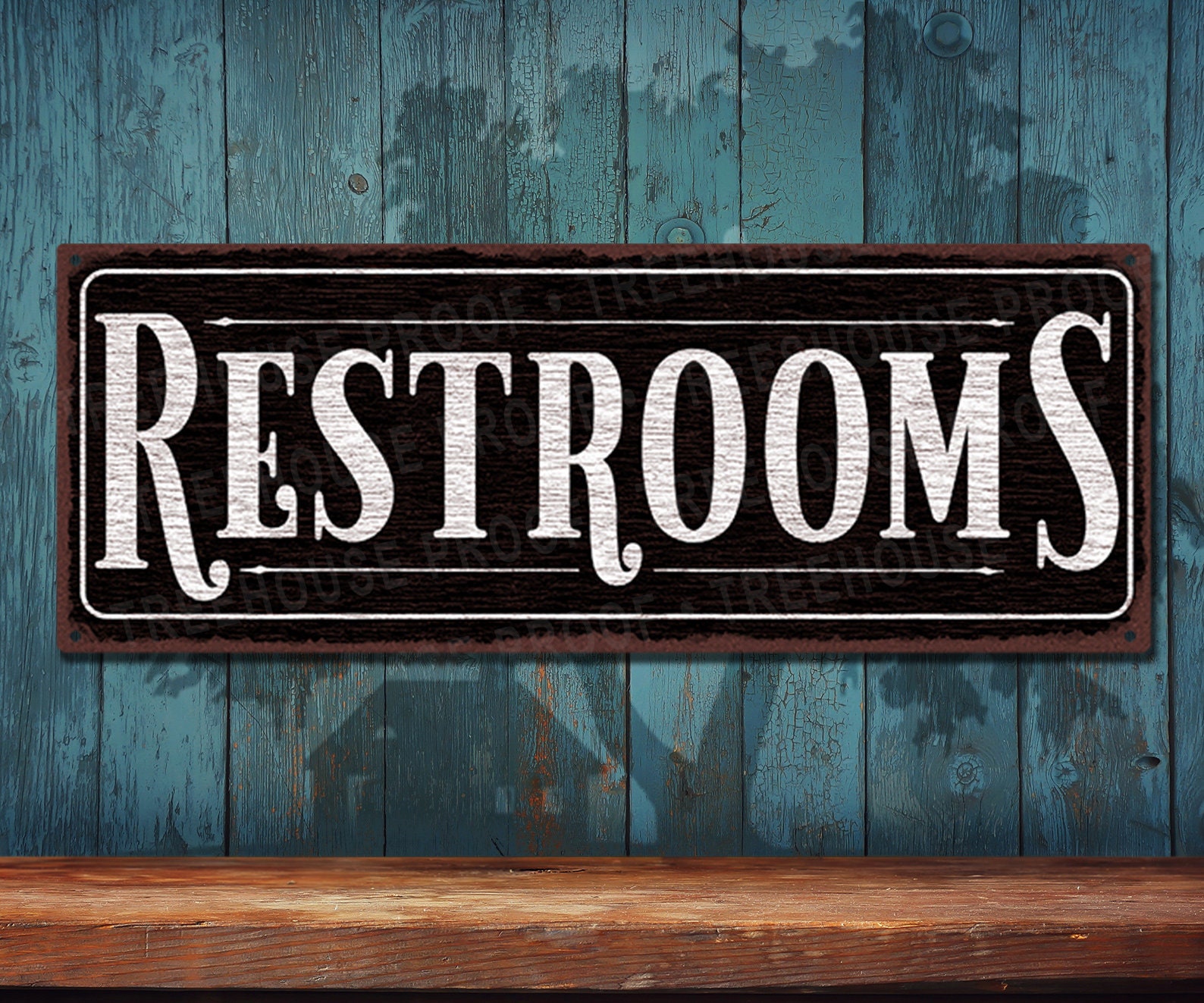 Restrooms Sign • Black Rustic Looking Aluminum Sign • Customizable Color Imprint on Rustproof Aluminum • Made In USA – THC2699-A