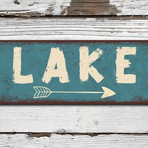Lake This Way Metal Sign With Arrow Pointing Right • Rustic Looking Aluminum Sign - THC2033-A